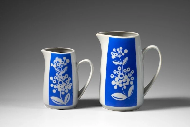 Milk Jug. Porcelain, poured, overglaze application. Form by Ēriks Ellers. Decoration by Mirdza Jurča. Riga Porcelain Factory. 1971. Photo: Gvido Kajons